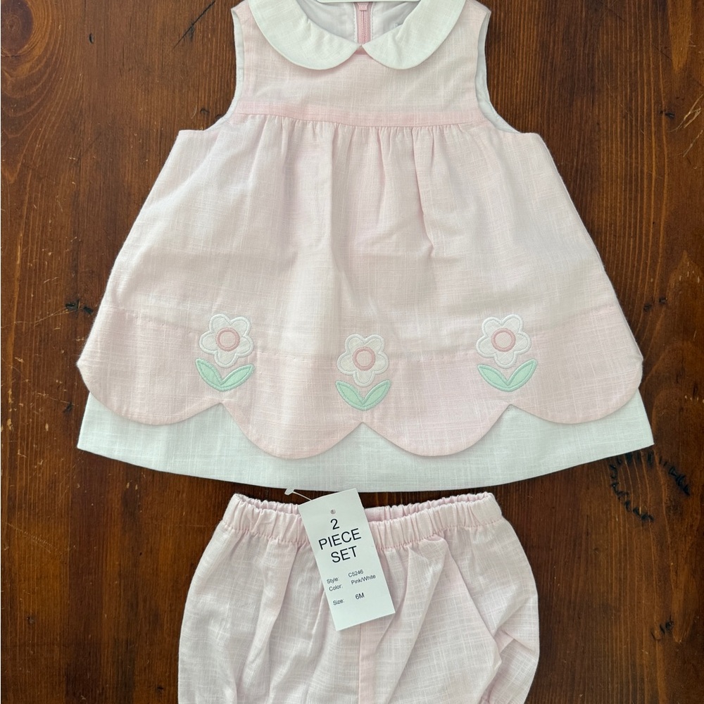 Florence Eiseman Pink Linen-Look Dress & Bloomer with Flowers Size 6M NWT
